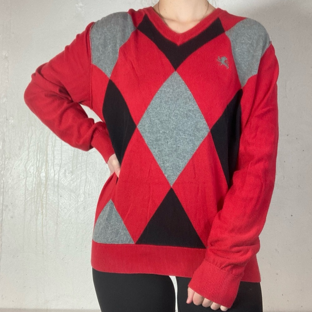 Express Bright Red + Black + Gray Diamond Argyle Knit V-Neck Sweater